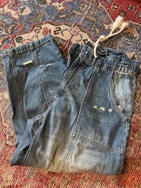 Casual Drawstring Denim Jogger Pants - Washed Blue